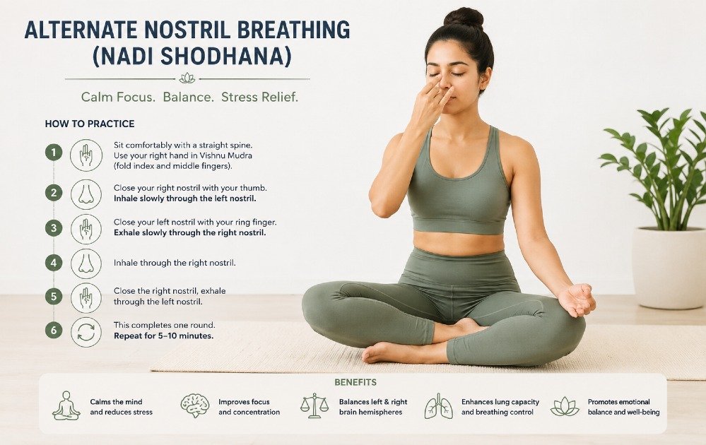 Person practicing alternate nostril breathing (Nadi Shodhana) for calm focus and stress relief.