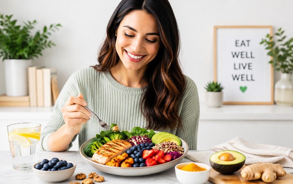 Person enjoying a colorful anti-inflammatory meal with vegetables, berries, healthy fats, and lean protein to support long-term health.
