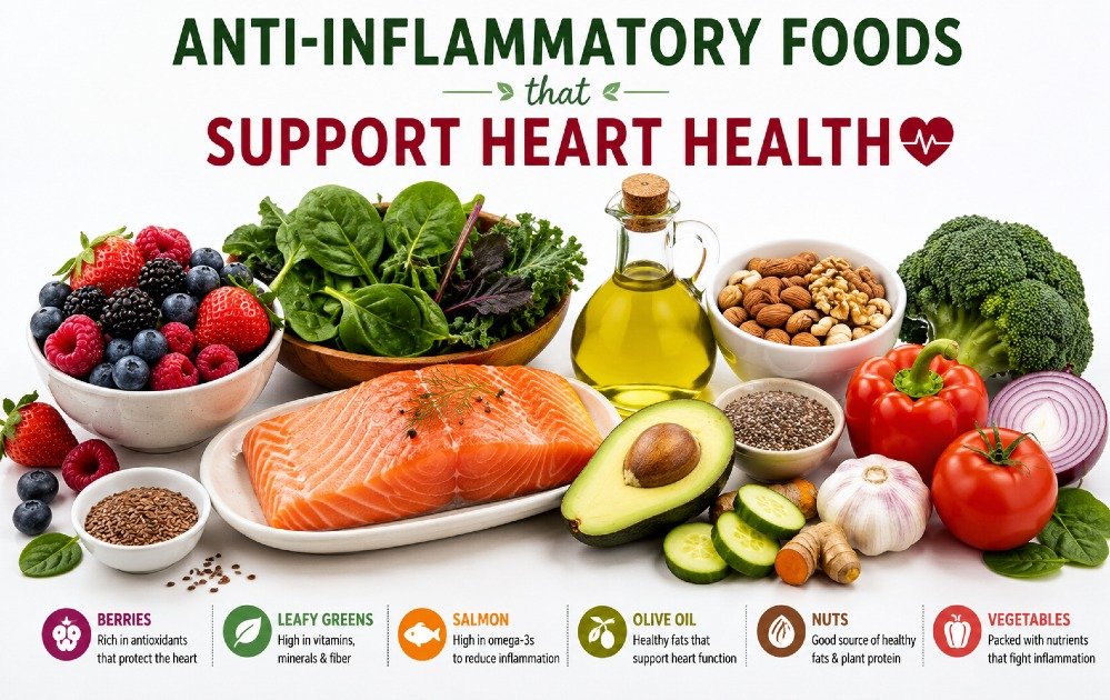 Colorful anti-inflammatory foods that support heart health, including berries, leafy greens, salmon, olive oil, nuts, and vegetables.