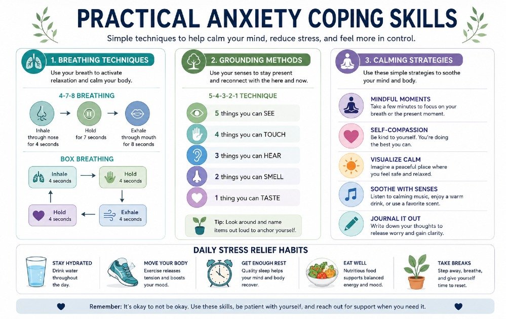 Practical anxiety coping skills including breathing techniques, grounding methods, and calming strategies for daily stress relief.