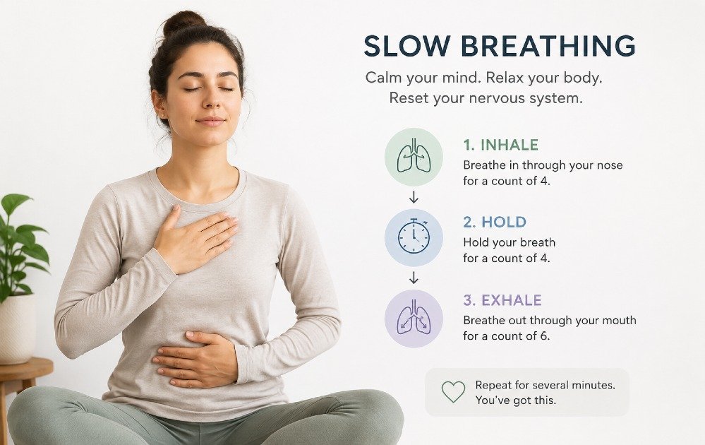 Person practicing slow breathing exercise to reduce anxiety and calm the nervous system.