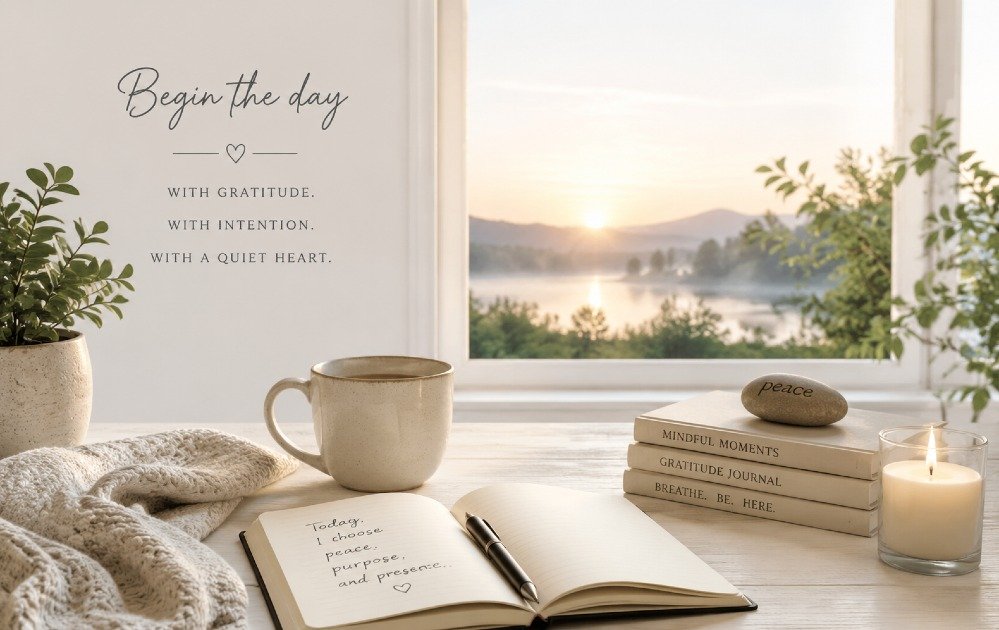 A calm morning scene symbolizing quiet time, mindfulness, and peaceful reflection at the start of the day.