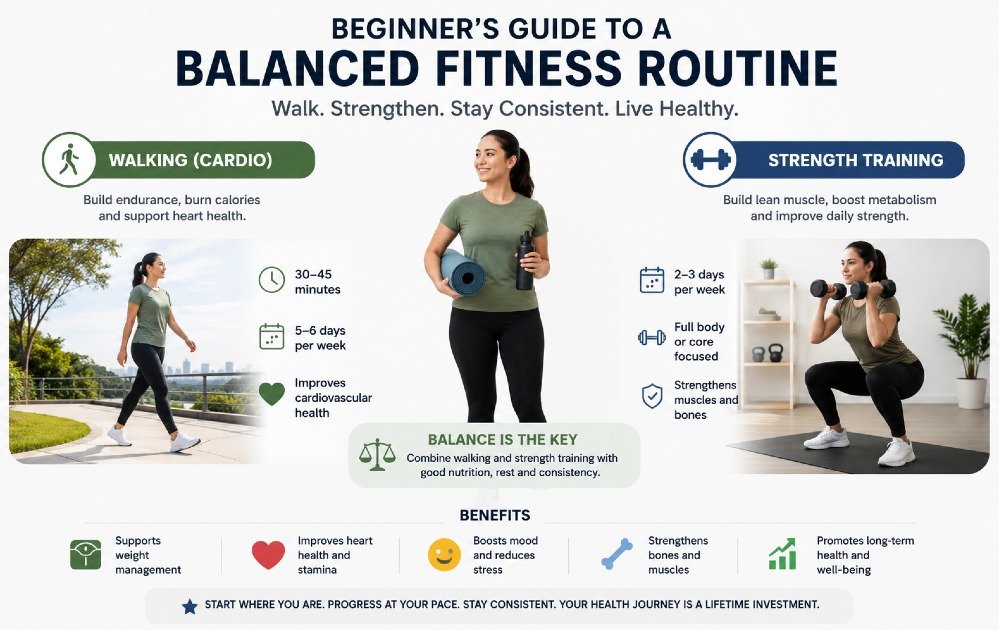 Beginner following a balanced fitness routine with walking and strength exercises for sustainable weight management and long-term health.