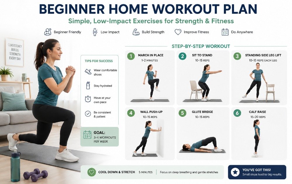 Beginner following a simple step-by-step home workout plan with low-impact exercises for strength and fitness.
