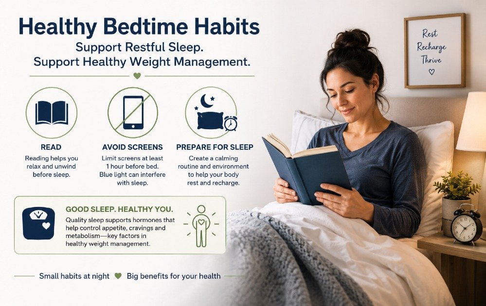 Adult following healthy bedtime habits by reading, avoiding screens, and preparing for restful sleep to support healthy weight management.