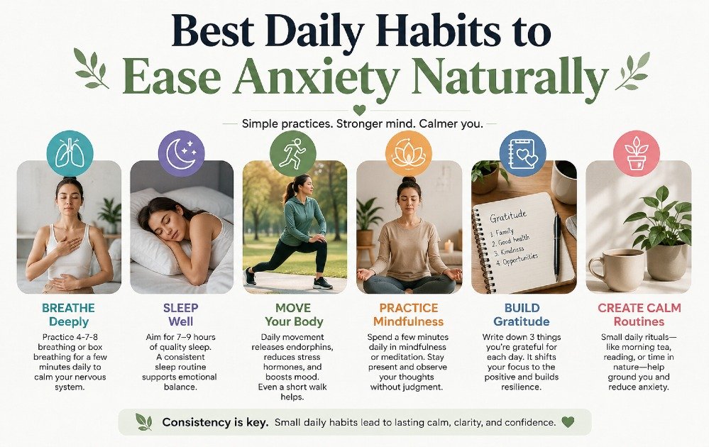Daily healthy habits that help reduce anxiety naturally, including breathing, sleep, movement, and mindful routines.