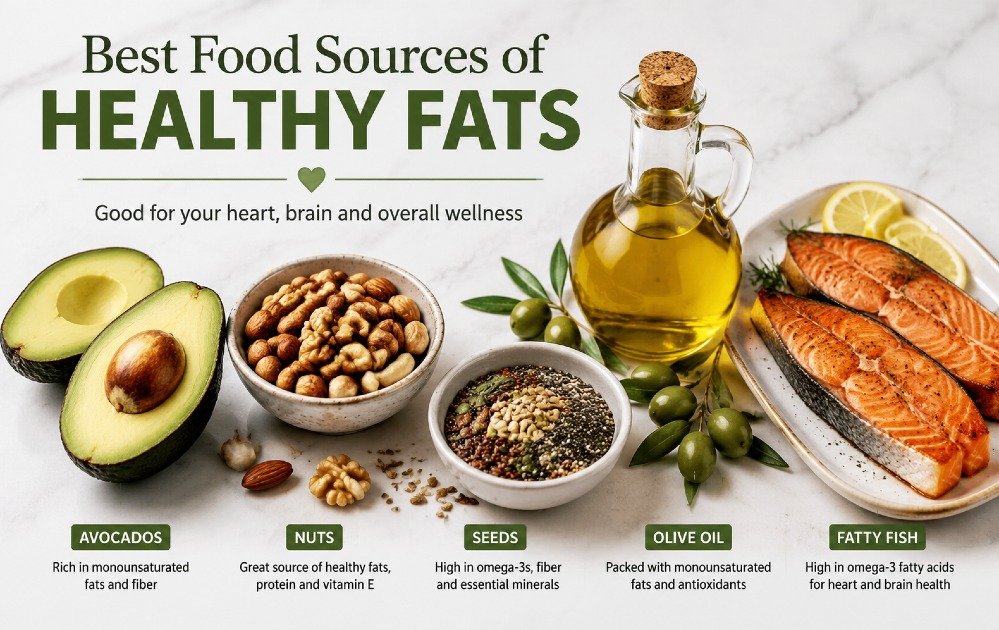 Best food sources of healthy fats including avocados, nuts, seeds, olive oil, and fatty fish arranged on a clean kitchen surface