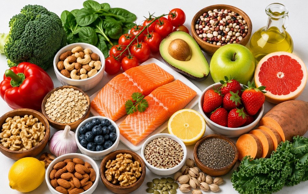 Assorted whole foods rich in vitamins, including fruits, vegetables, nuts, and fish arranged for a balanced healthy diet.