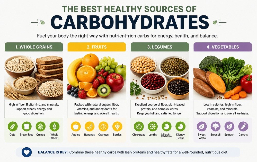 A visual guide to healthy carbohydrate sources including whole grains, fruits, legumes, and vegetables for balanced nutrition.