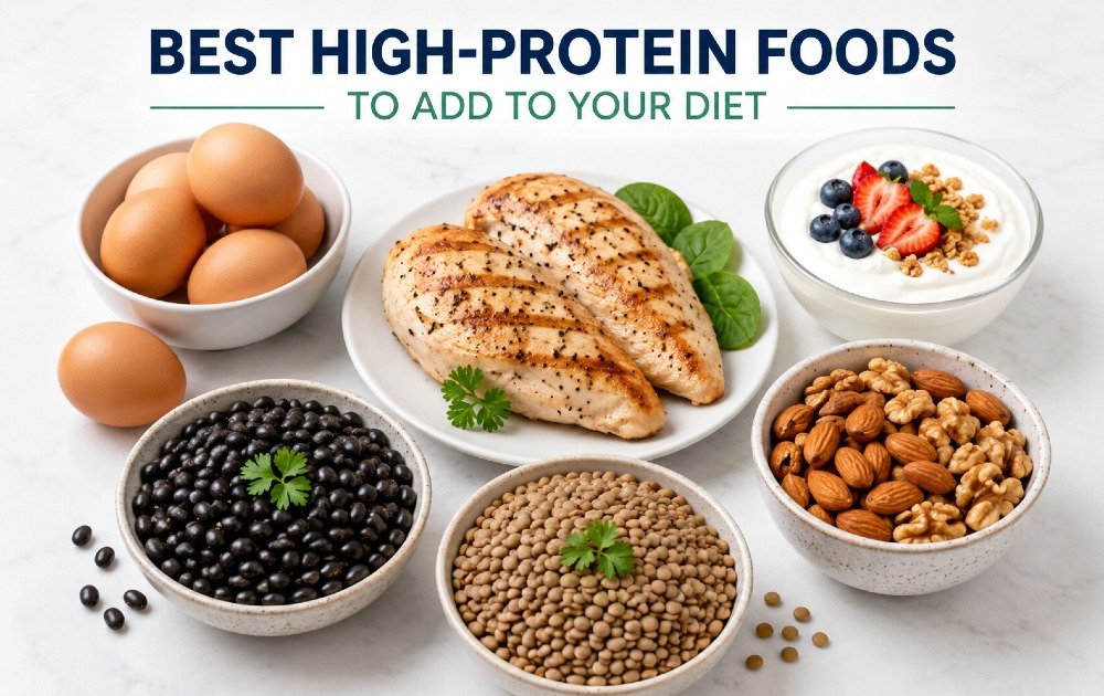 High-protein foods such as eggs, chicken breast, Greek yogurt, beans, lentils, and nuts displayed on a clean table for a balanced healthy diet.