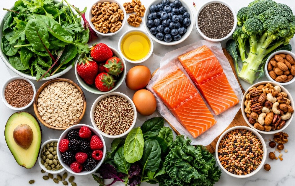 Colorful assortment of nutrient-dense foods including leafy greens, berries, salmon, nuts, seeds, eggs, and whole grains supporting preventive health.