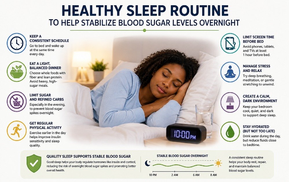 Person following healthy sleep routine to help stabilize blood sugar levels overnight.