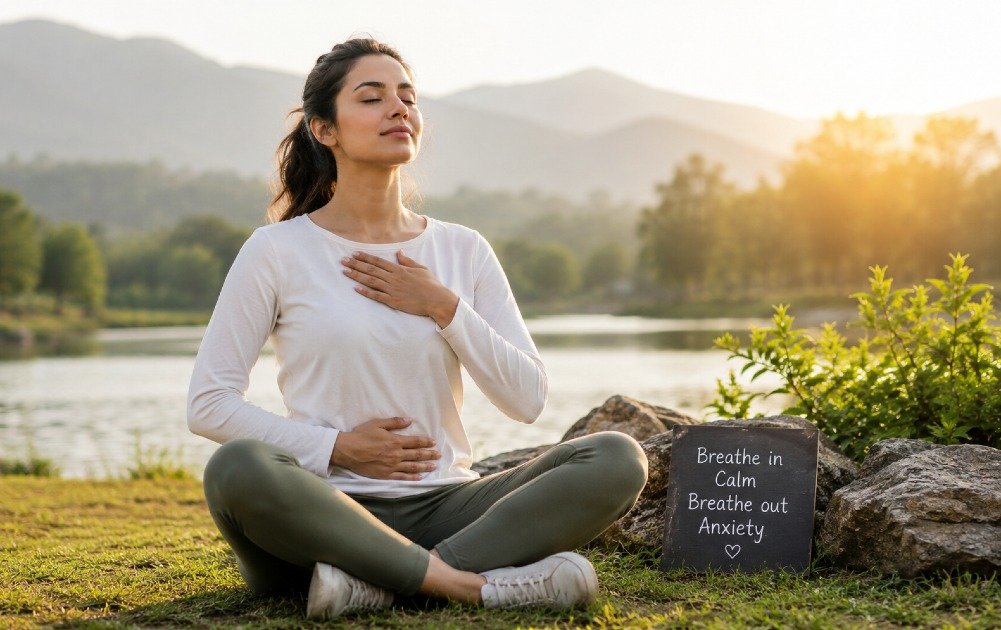 Person practicing calm breathing and mindfulness outdoors to naturally reduce anxiety and promote emotional balance.
