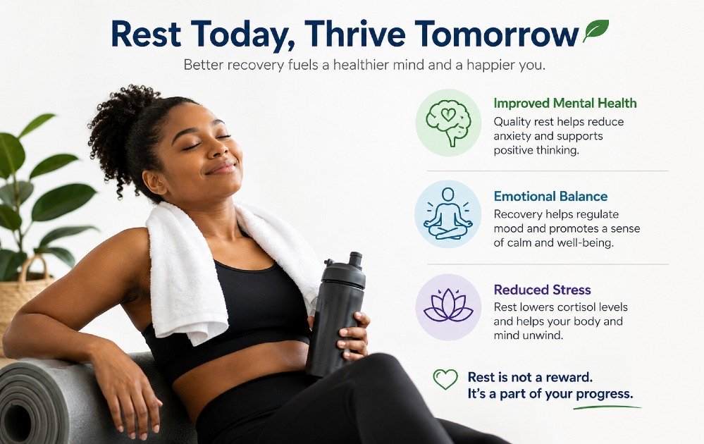 Person resting peacefully after exercise, illustrating how better recovery supports improved mental health, emotional balance, and reduced stress.
