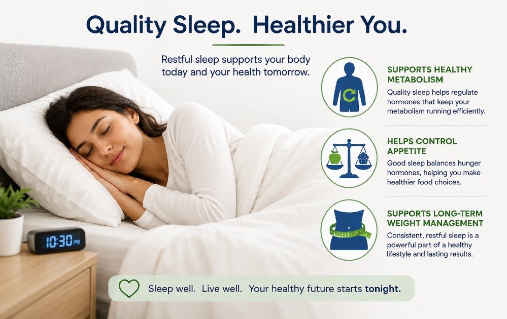Person enjoying restful sleep, illustrating how quality sleep supports healthy metabolism, appetite control, and long-term weight management.