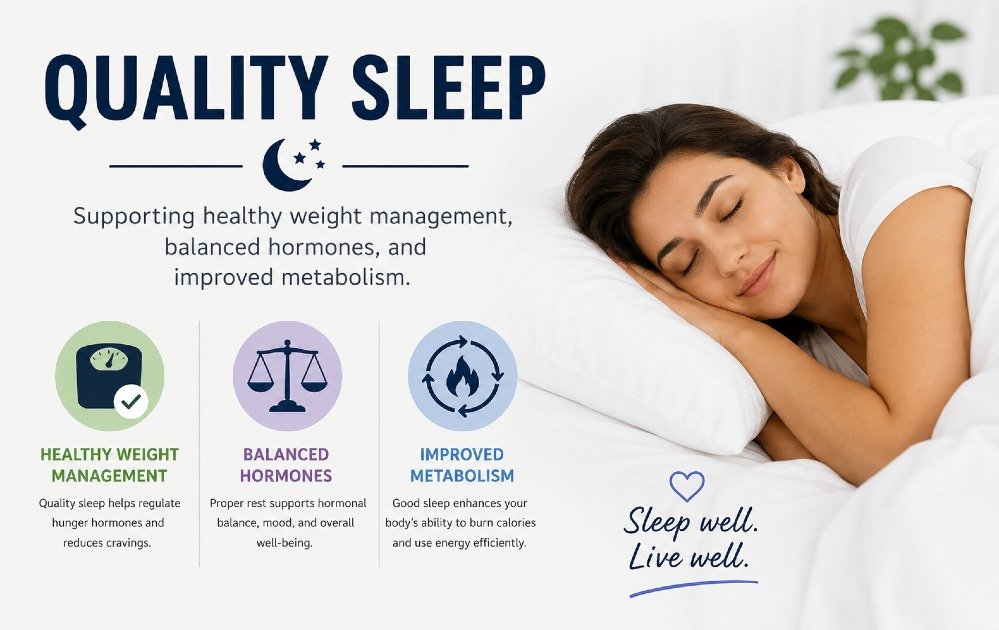 Quality sleep supporting healthy weight management, balanced hormones, and improved metabolism.