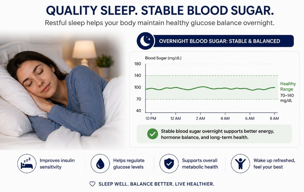 Sleeping person with chart showing stable blood sugar levels overnight, illustrating how quality sleep supports healthy glucose balance.