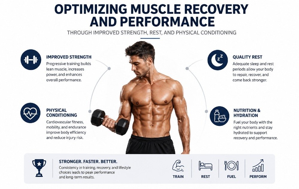 Athletic body optimizing muscle recovery and performance through improved strength, rest, and physical conditioning