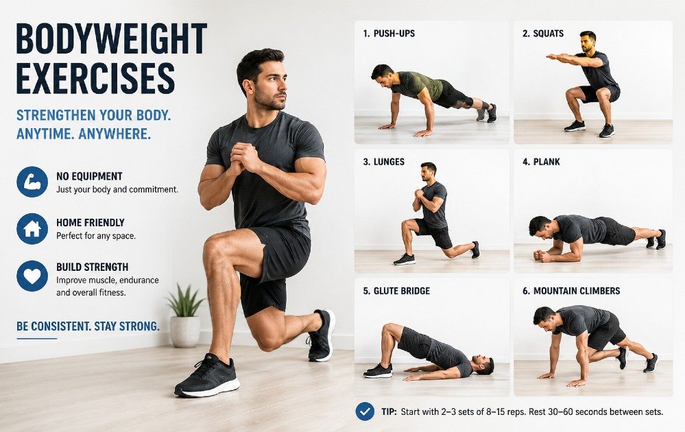 Person performing bodyweight exercises at home, demonstrating strength training without equipment for effective home workouts