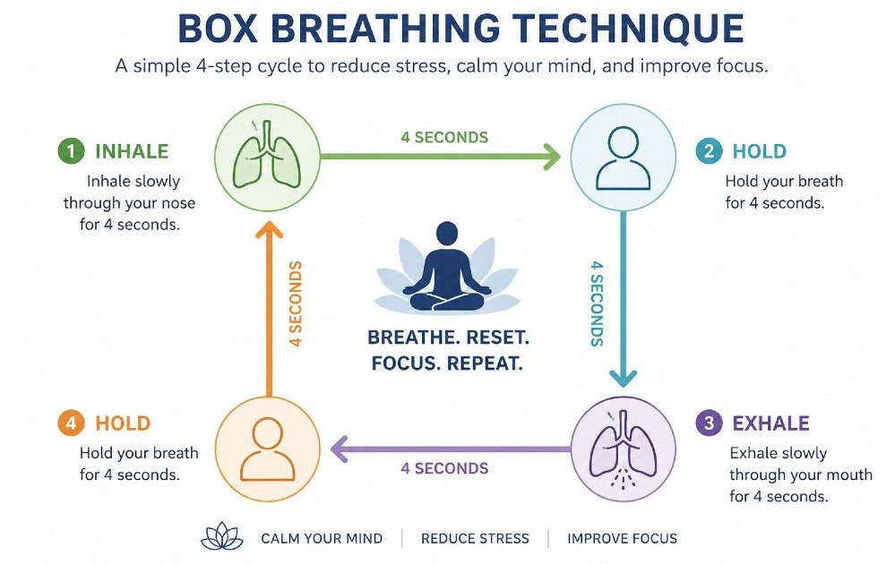 Box breathing technique diagram showing a four-step cycle of inhale, hold, exhale, and hold for stress relief