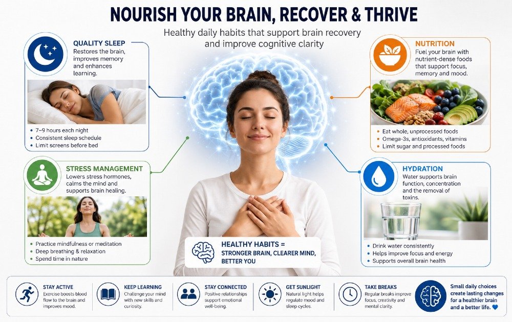 Person supporting brain recovery and improving cognitive clarity through healthy lifestyle habits such as sleep, nutrition, hydration, and stress management.