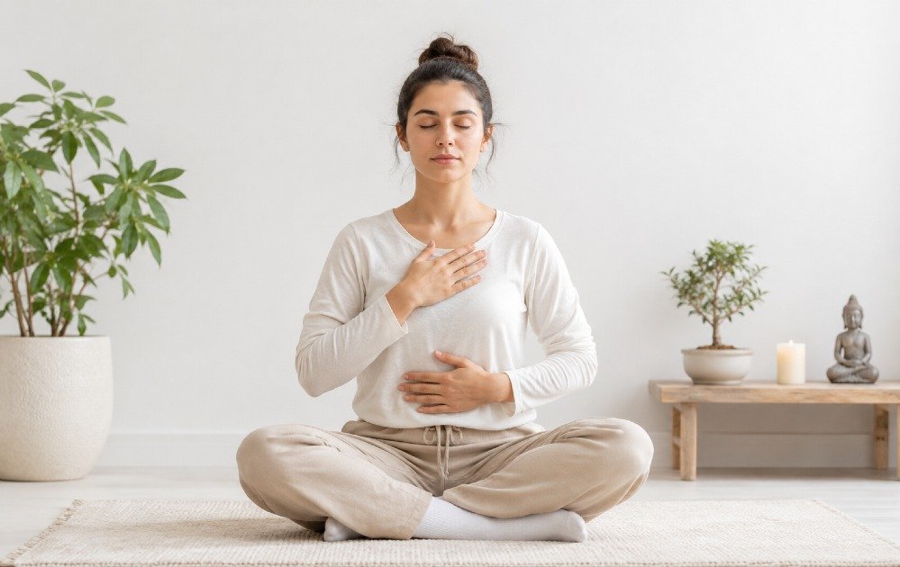 Person practicing breath awareness meditation in a calm seated position, focusing on mindful breathing