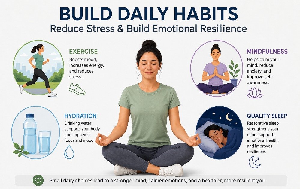Person practicing healthy daily habits including exercise, hydration, mindfulness, and quality sleep to reduce stress and build emotional resilience.