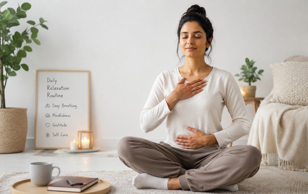 Calm woman practicing daily relaxation routine with deep breathing and mindfulness in a quiet home setting