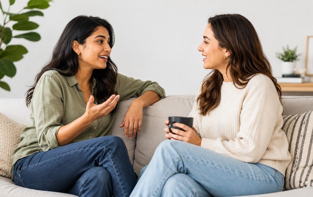 Two people engaging in a genuine conversation, symbolizing trust, empathy, and meaningful friendship.
