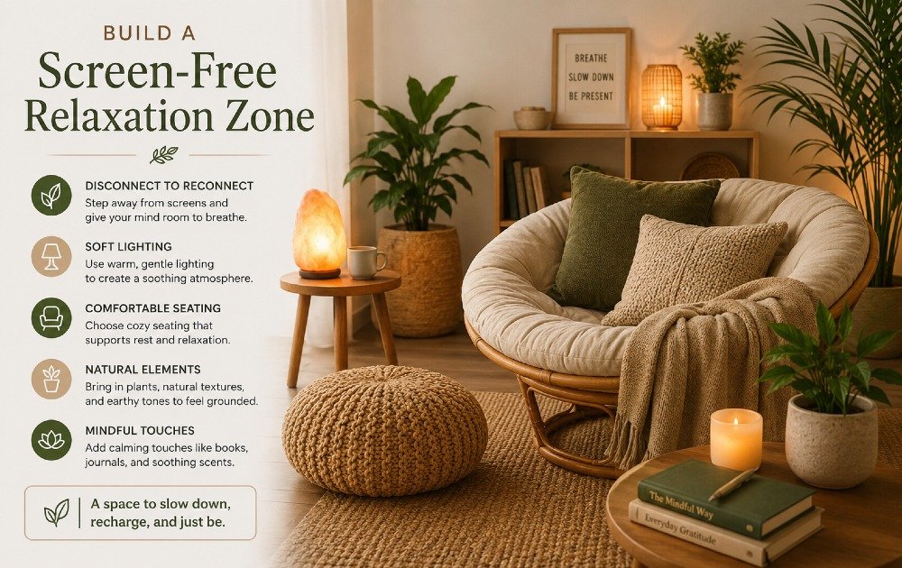 A calm screen-free relaxation zone designed with soft lighting, comfortable seating, and natural elements for mindful rest and stress relief.