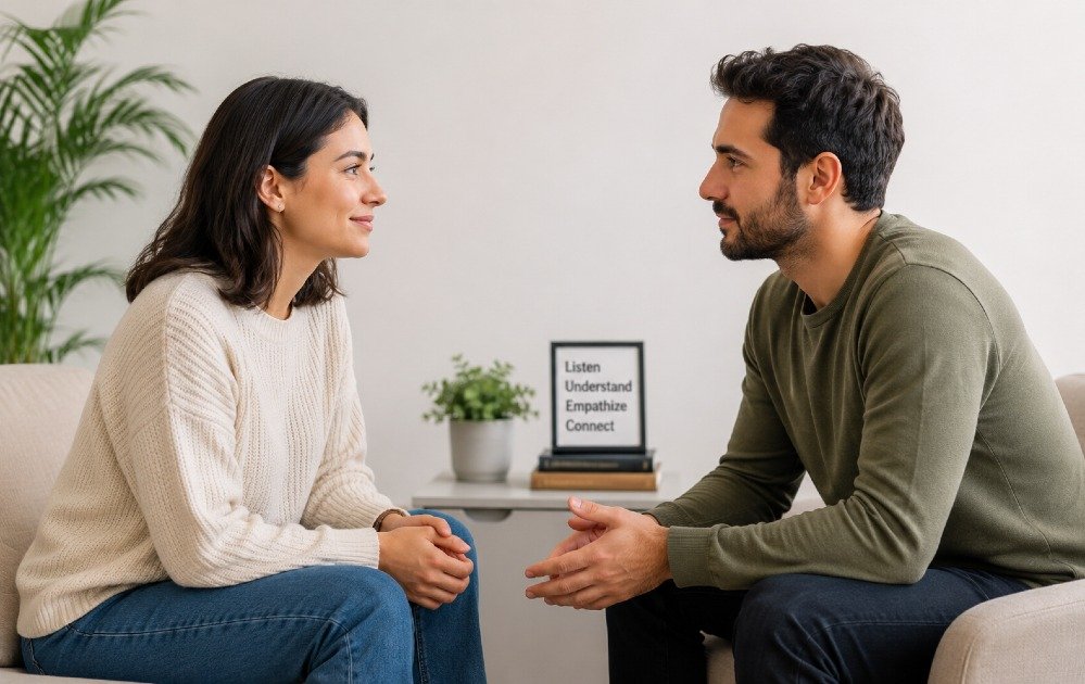 Two people calmly communicating and listening to each other, showing emotional resilience and strengthening their relationship through empathy and understanding.