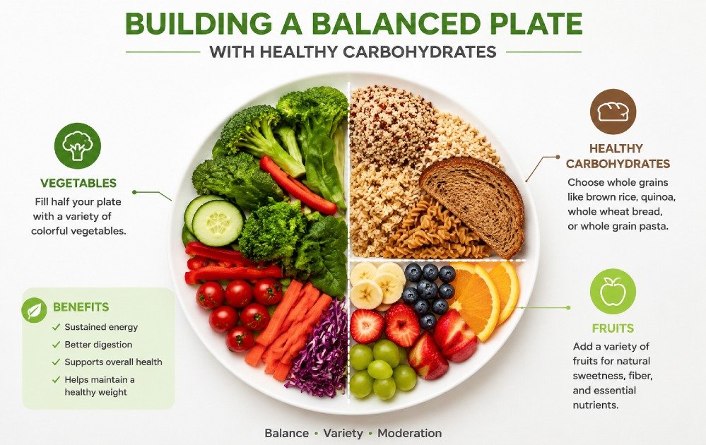 Balanced plate showing healthy carbohydrate sources including whole grains, fruits, and vegetables arranged for optimal nutrition.