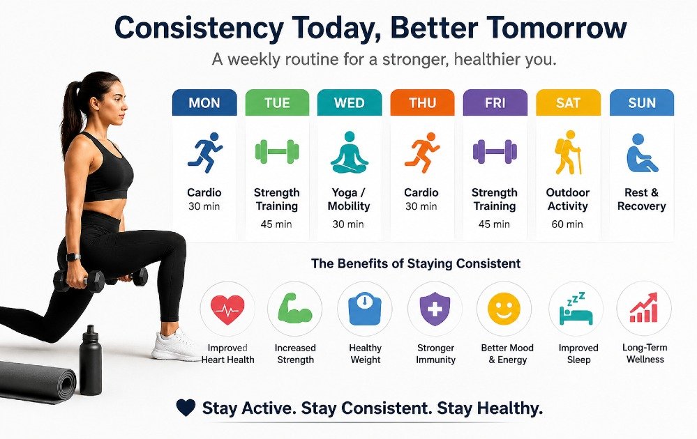Person following a consistent weekly exercise routine to improve fitness, health, and long-term wellness.