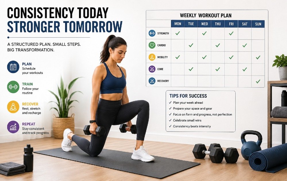 Person following a structured home workout routine with exercise mat, dumbbells, and calendar plan for long-term fitness consistency.