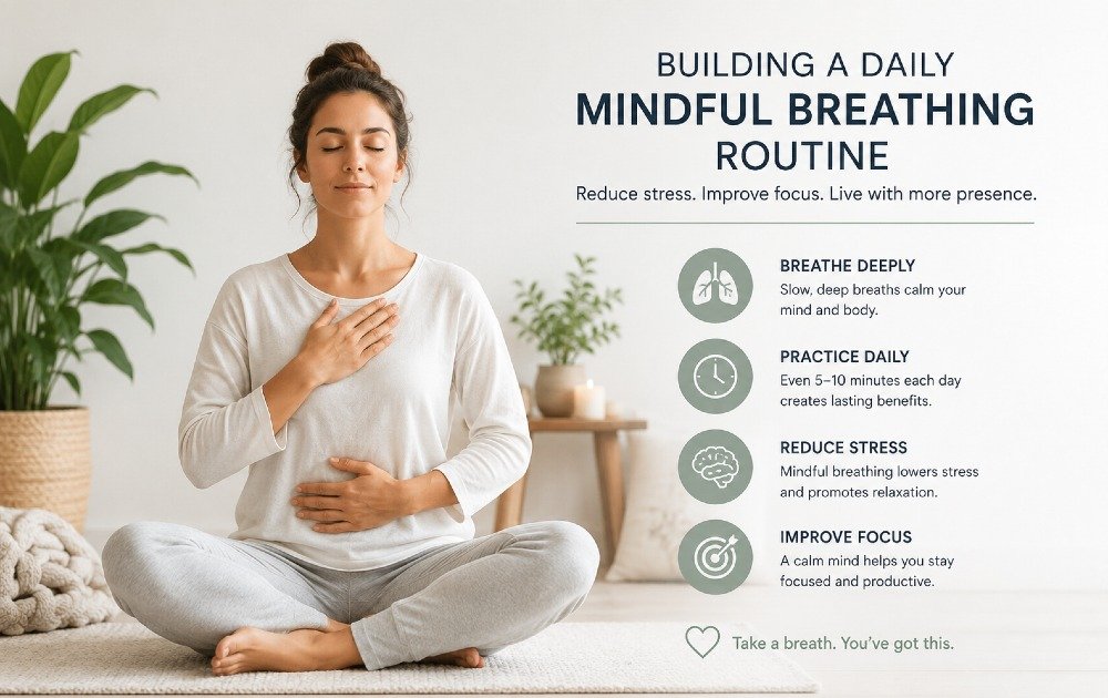 Person practicing mindful breathing daily in a calm setting to reduce stress and improve focus