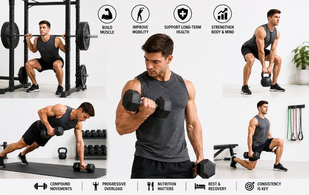 Person performing strength training exercises to build muscle, improve mobility, and support long-term physical health.