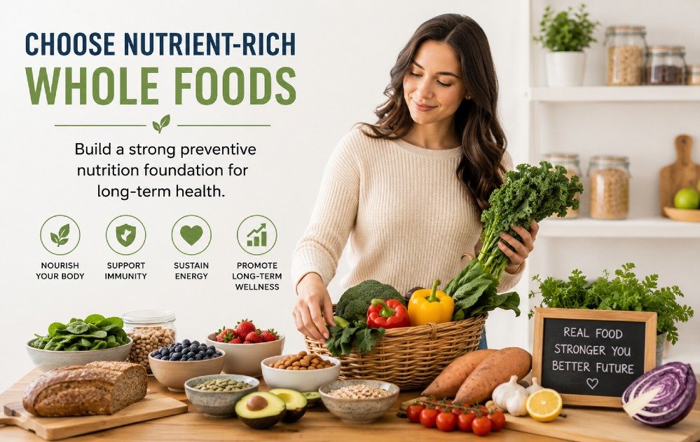 Person choosing nutrient-rich whole foods to build a strong preventive nutrition foundation for long-term health.
