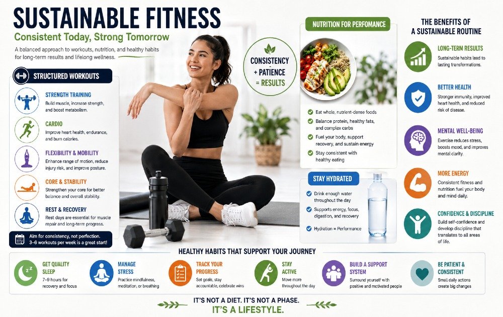 Person following a sustainable fitness routine with structured workouts, healthy habits, and consistent exercise for long-term results