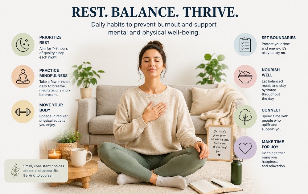 Person practicing mindful rest and balanced daily habits to prevent burnout and support mental and physical well-being.