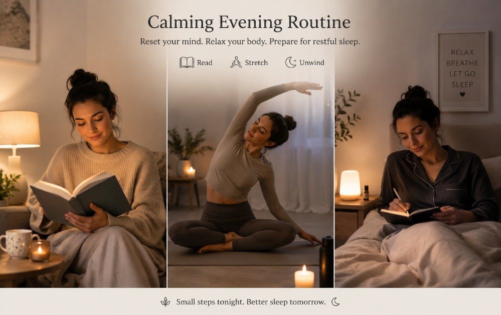 Person following a calming evening routine with reading, gentle stretching, and dim lighting to relax the mind before sleep.