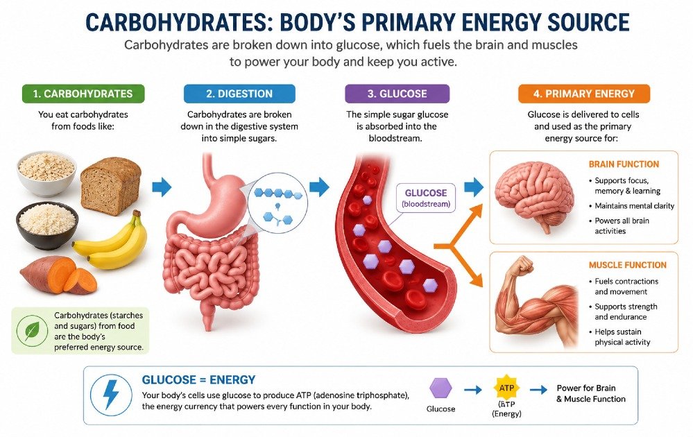 Carbohydrates broken down into glucose showing how the body uses them as primary energy for brain and muscle function.