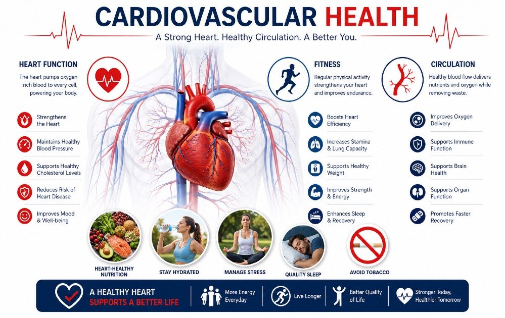 Cardiovascular health concept showing heart function, fitness, and circulation supporting overall physical wellness.