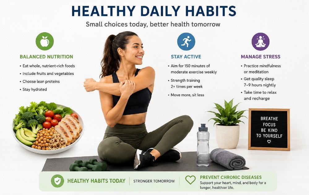 Person practicing healthy daily habits such as balanced nutrition, exercise, and stress management to support chronic disease prevention and long-term wellness.
