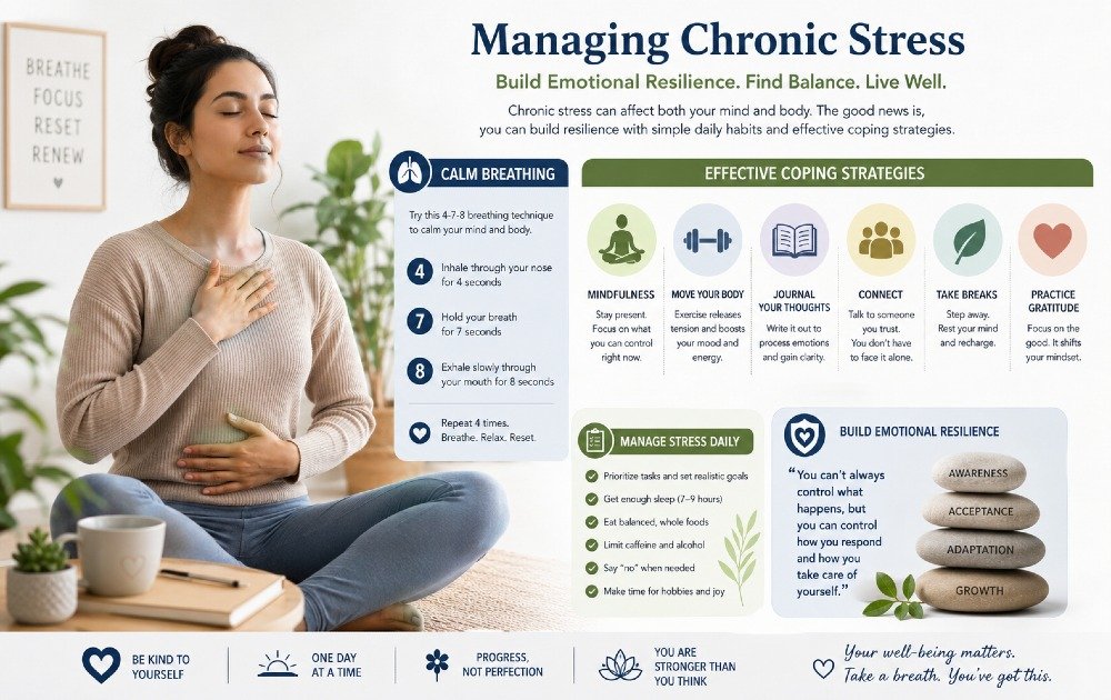 Person managing chronic stress using calm breathing and coping strategies to build emotional resilience and mental balance.