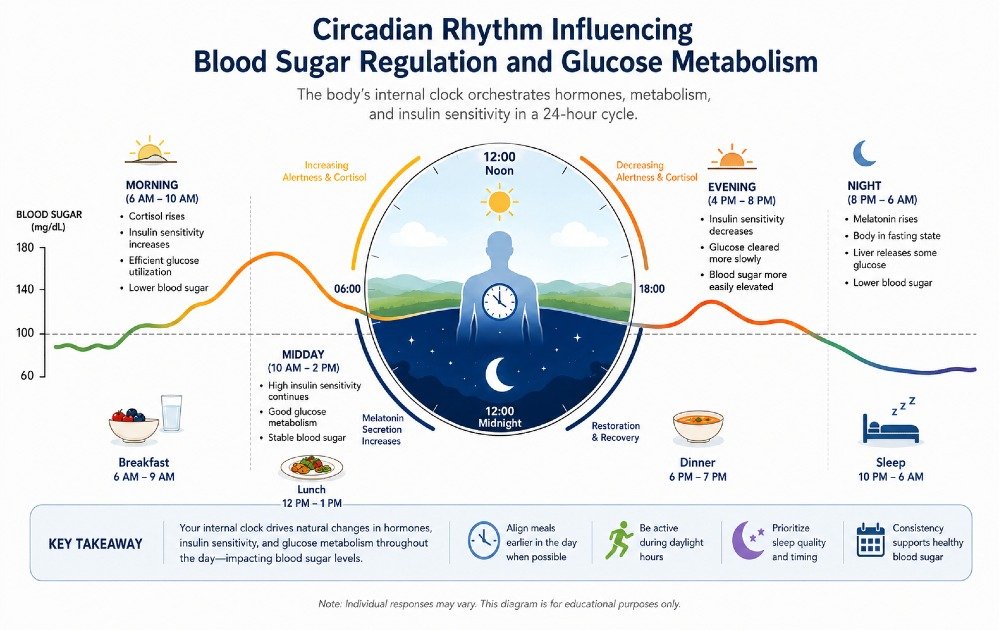Circadian rhythm influencing blood sugar regulation and glucose metabolism throughout the day