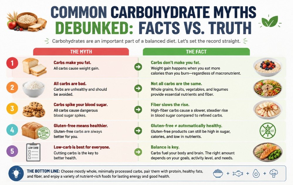 Clear infographic explaining common carbohydrate myths and the facts that debunk them in a balanced nutrition guide.