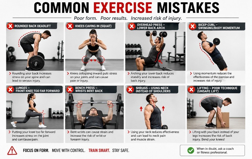 Person demonstrating common exercise mistakes such as poor form, incorrect posture, and unsafe lifting technique in a fitness setting