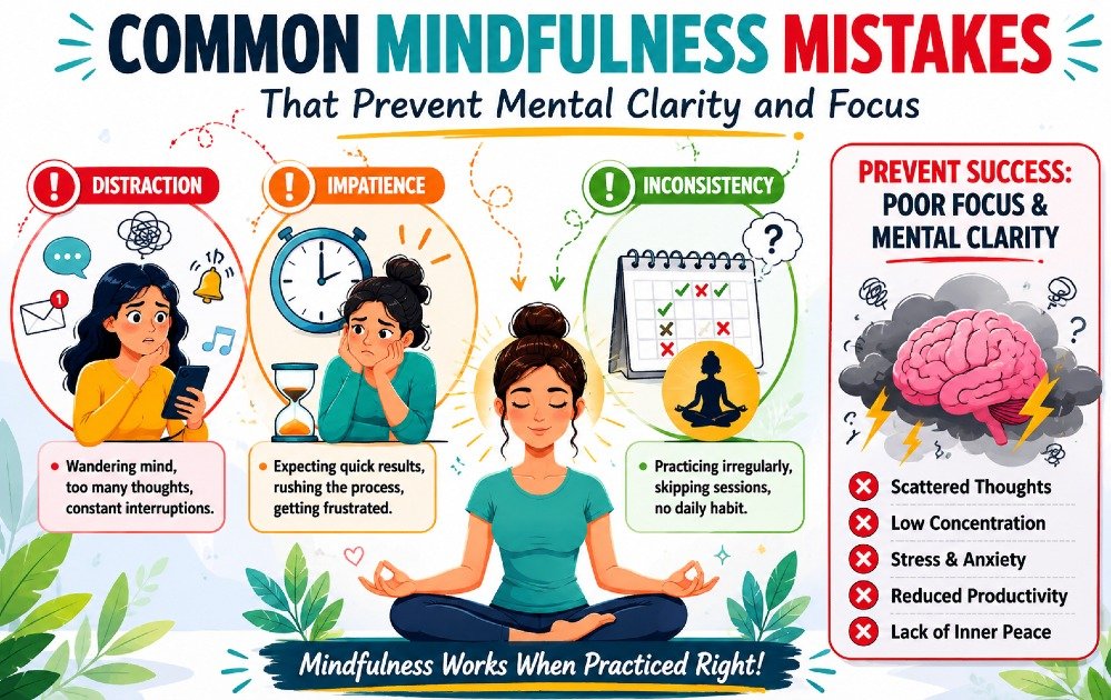 Common mindfulness mistakes such as distraction, impatience, and inconsistency that prevent mental clarity and focus.