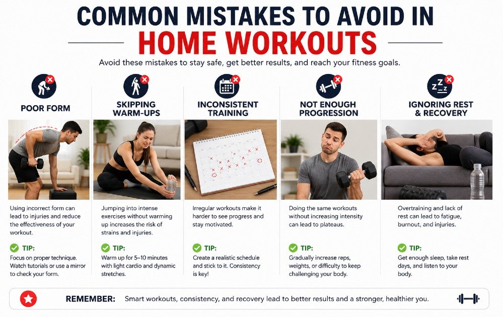 Common mistakes to avoid in home workouts such as poor form, skipping warm-ups, and inconsistent training habits affecting fitness progress.
