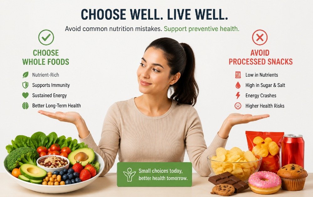 Person choosing balanced whole foods over processed snacks to avoid common nutrition mistakes and support preventive health.